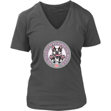 Load image into Gallery viewer, a women&#39;s v-neck shirt featuring the OMG You&#39;re Home Boston Terrier dog design with Rescue is my favorite breed in pink letters