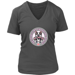 a women's v-neck shirt featuring the OMG You're Home Boston Terrier dog design with Rescue is my favorite breed in pink letters