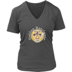 a grey v neck shirt with a golden retriever design on the front