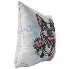 side view of a soft and fluffy pillow with the OMG Boston Terrier printed on the front