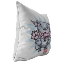 Load image into Gallery viewer, Left side view of a soft decorative pillow featuring an excited Blue Nose Pitbull from OMG You'e Home