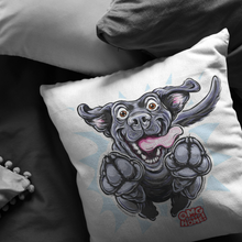 Load image into Gallery viewer, top view of a soft, white decorative pillow featuring an excited Black Labrador Retriever from OMG You'e Home