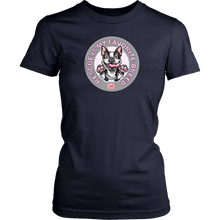 Load image into Gallery viewer, District Womens navy blue Shirt featuring the OMG You're Home! Boston Terrier design with "Rescue is my favorite breed"