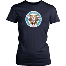 Load image into Gallery viewer, front view of a womens dark blue t-shirt featuring the original Red Nose Pitbull artwork by OMG You're Home! Part of the "Rescue is my favorite breed" collection.