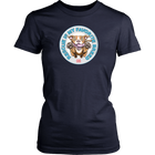 front view of a womens dark blue t-shirt featuring the original Red Nose Pitbull artwork by OMG You're Home! Part of the "Rescue is my favorite breed" collection.