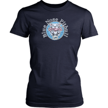 Load image into Gallery viewer, Front view of a navy blue District Shirt featuring the OMG You're HOME! Blue Nose Pitbull design in full vibrant color.