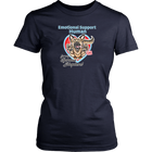 A womens navy blue shirt by District featuring the original German Shepherd dog artwork by OMG You're HOME! This design has the text "Emotional Support Human" above the German Shepherd.