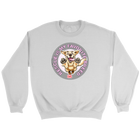 a white unisex sweatshirt featuring the original Golden Retriever dog artwork by OMG You're Home!