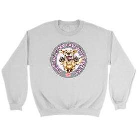 a white unisex sweatshirt featuring the original Golden Retriever dog artwork by OMG You're Home!