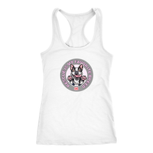 Load image into Gallery viewer, A white Next Level Racerback Tank featuring the OMG You're Home! Boston Terrier design with "Rescue is my favorite breed"
