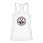A white Next Level Racerback Tank featuring the OMG You're Home! Boston Terrier design with "Rescue is my favorite breed"