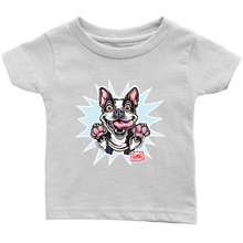 Load image into Gallery viewer, front view of a toddler's white OMG You're Home t-shirt with the Boston Terrier dog design  in full color