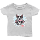 front view of a toddler's white OMG You're Home t-shirt with the Boston Terrier dog design  in full color