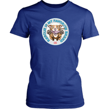 Load image into Gallery viewer, front view of a womens royal blue t-shirt featuring the original Red Nose Pitbull artwork by OMG You're Home! Part of the "Rescue is my favorite breed" collection.