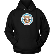 Load image into Gallery viewer, front view of a black hoodie featuring original Red Nose Pitbull rescue artwork by OMG You're HOME!