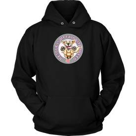 a black unisex hoodie tee features the original Golden Retriever dog artwork by OMG You're Home!