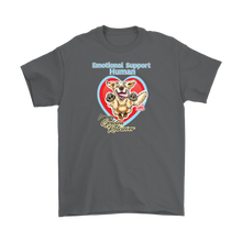 Load image into Gallery viewer, a grey Gildan Mens T-Shirt featuring the OMG You're Home Golden Retriever dog design with Emotional Support Human above the dog.