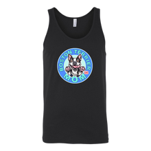 Load image into Gallery viewer, a black tank top with the OMG You're Home! Boston Terrier dog Mom design on the front