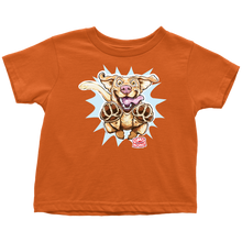 Load image into Gallery viewer, a bright orange OMG You're Home toddler t-shirt featuring the original Yellow Labrador Retriever dog design on the front in full color