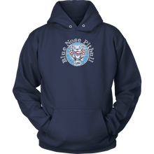 Load image into Gallery viewer, the front view of a navy blue unisex Hoodie featuring the OMG You're Home Blue Nose Pitbull dog design in full color.