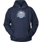 the front view of a navy blue unisex Hoodie featuring the OMG You're Home Blue Nose Pitbull dog design in full color.