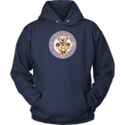 a navy blue unisex hoodie tee features the original Golden Retriever dog artwork by OMG You're Home!