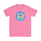 a women's pink tshirt featuring the OMG You're Home! Golden Retriever dog artwork on the front
