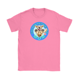 a women's pink tshirt featuring the OMG You're Home! Golden Retriever dog artwork on the front