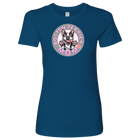 a blue shirt with the OMG You're Home! Boston Terrier dog Mom design on the front in pink letters