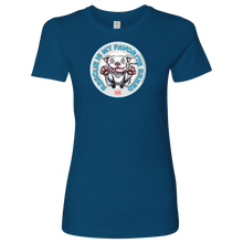 Load image into Gallery viewer, front view of a womens  blue tshirt with the OMG You're Home rescue pit dog on the front