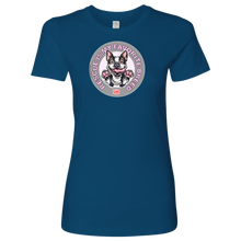 Load image into Gallery viewer, Next Level Womens blue Shirt featuring the OMG You're Home! Boston Terrier design with "Rescue is my favorite breed"