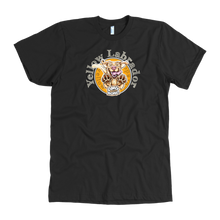 Load image into Gallery viewer, front view of a men's black American Apparel  t-shirt featuring the OMG You're HOME! Yellow Labrador Retriever design