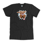 front view of a men's black t-shirt with the OMG You're Home Chocolate Labrador Retriever dog design in full color