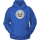 front view of a royal blue hoodie featuring original Red Nose Pitbull rescue artwork by OMG You're HOME!