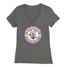 Load image into Gallery viewer, a women's grey v-neck shirt with the OMG You're Home! Yorkie dog mom design on the front