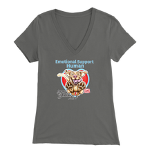 Load image into Gallery viewer, Bella Womens grey V-Neck. This comfortable shirt features the OMG You're Home German Shepherd dog design with the text "Emotional Support Human".