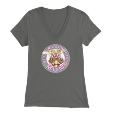 Load image into Gallery viewer, a women's grey v-neck shirt with the OMG You're Home! Yellow Labrador dog mom design on the front