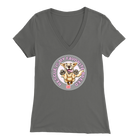 a womens grey v-neck shirt featuring the original Golden Retriever dog artwork by OMG You're Home!