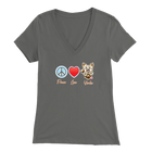 Grey Bella Womens V-Neck Shirt featuring the Peace Love Yorkie dog design from OMG You're HOME!
