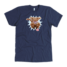 Load image into Gallery viewer, front view of a men's navy blue t-shirt with the OMG You're Home Chocolate Labrador Retriever dog design in full color