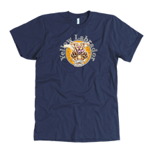 Load image into Gallery viewer, front view of a men's navy blue American Apparel  t-shirt featuring the OMG You're HOME! Yellow Labrador Retriever design