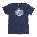 The front view of a men's navy blue t-shirt featuring the OMG blue nose pit bull design on the front in full color