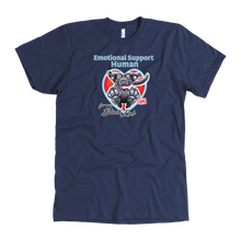 Load image into Gallery viewer, a  navy blue OMG You're Home t-shirt featuring the Emotional Support Human for my Black Labrador Retriever design on the front in full color