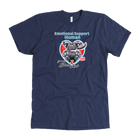 a  navy blue OMG You're Home t-shirt featuring the Emotional Support Human for my Black Labrador Retriever design on the front in full color