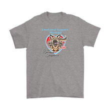 Load image into Gallery viewer, A mens heather grey t-shirt with the OMG You're HOME! German Shepherd dog design on the front