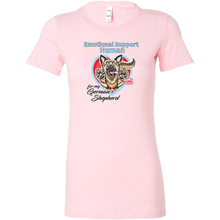 Load image into Gallery viewer, a womens pink shirt featuring the original German Shepherd dog artwork by OMG You're HOME! The text "Emotional Support Human" appears above the design in light blue letters.