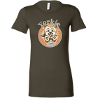 a womans dark grey tshirt with a yorkshire terrier dog drawing on the front