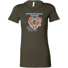 a womens dark grey shirt featuring the original German Shepherd dog artwork by OMG You're HOME! The text "Emotional Support Human" appears above the design in light blue letters.