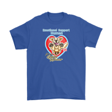 Load image into Gallery viewer, a royal blue Gildan Mens T-Shirt featuring the OMG You're Home Golden Retriever dog design with Emotional Support Human above the dog.
