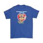 a royal blue Gildan Mens T-Shirt featuring the OMG You're Home Golden Retriever dog design with Emotional Support Human above the dog.